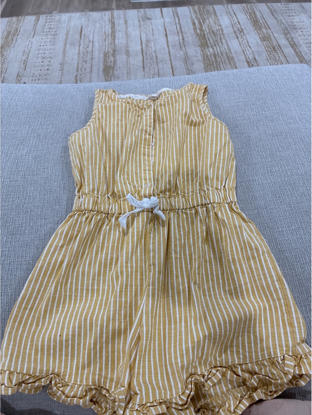 Copper Key Girls Yellow and White Striped Sleeveless Romper with Ruffle Hem